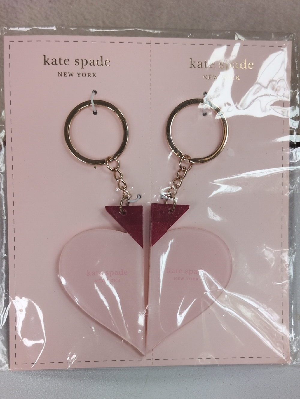 NEW! Kate Spade Best Friends pink heart split keychain set with gold rings - Picture 2 of 4
